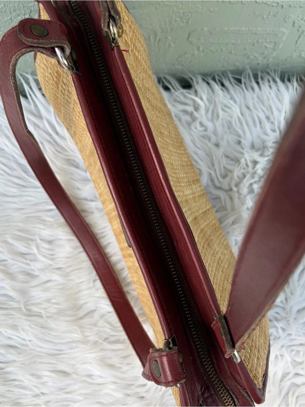 Vintage Etienne Aigner Natural Straw Shoulder Bag with Burgundy Trim - Picture 11 of 11